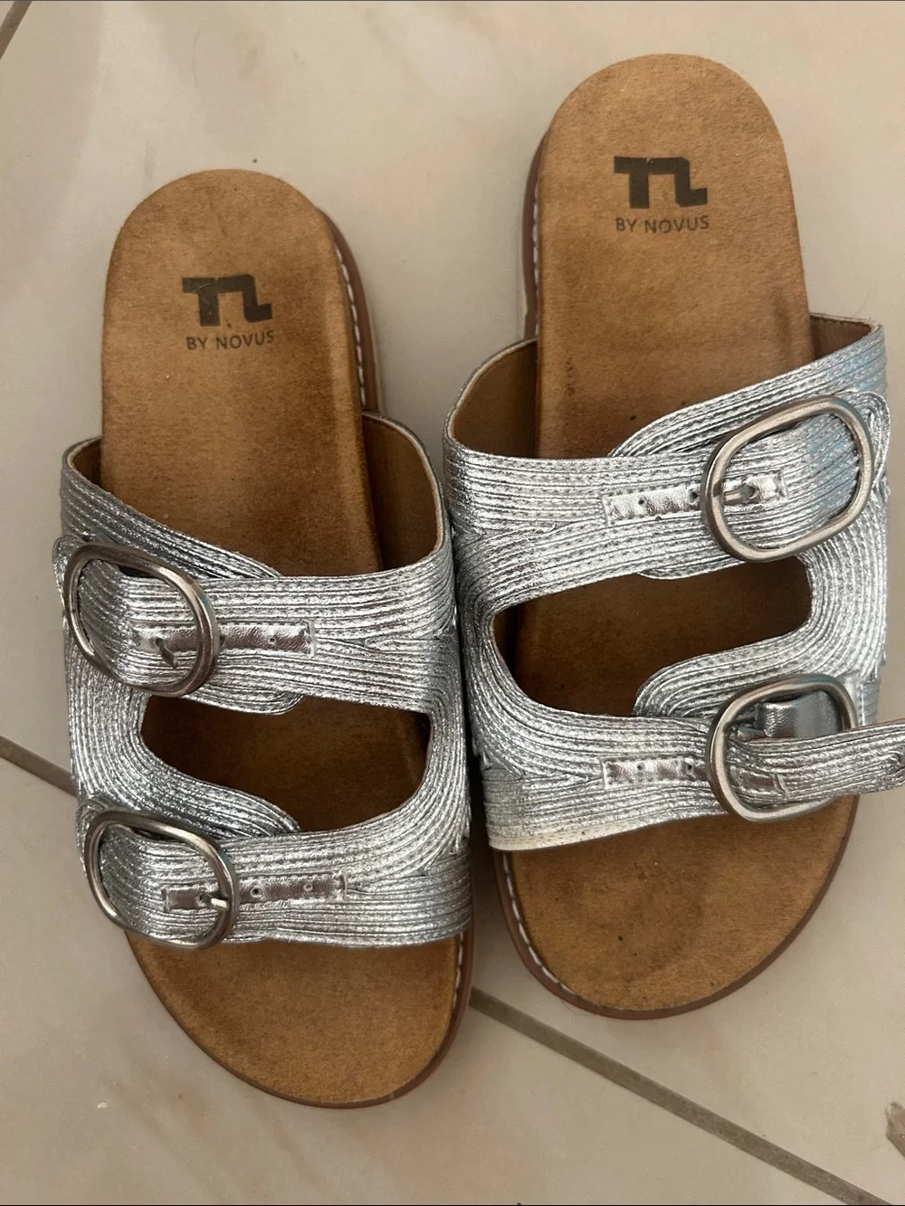 Novus Silver Buckle Slide Sandals for Women